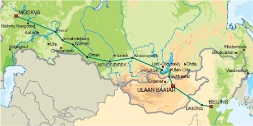 Streckenkarte Peking – Ulan Bator – Irkutsk – Novosibirsk – Moskau